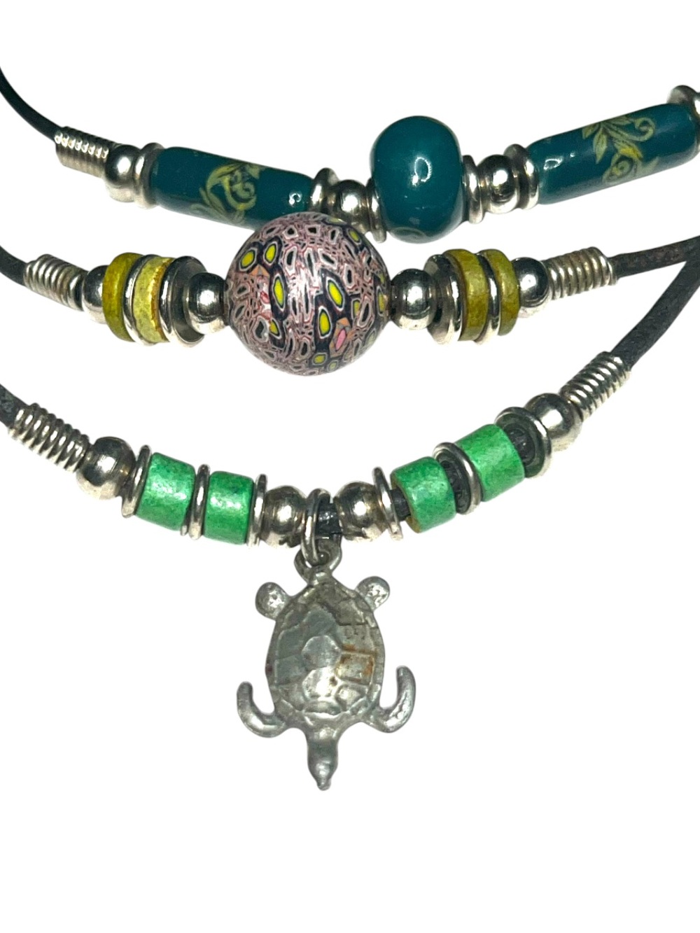 Set of 3 Fimo Clay Bead Silver Tone Turtle Leather Cord Necklace Deadhead Surfer